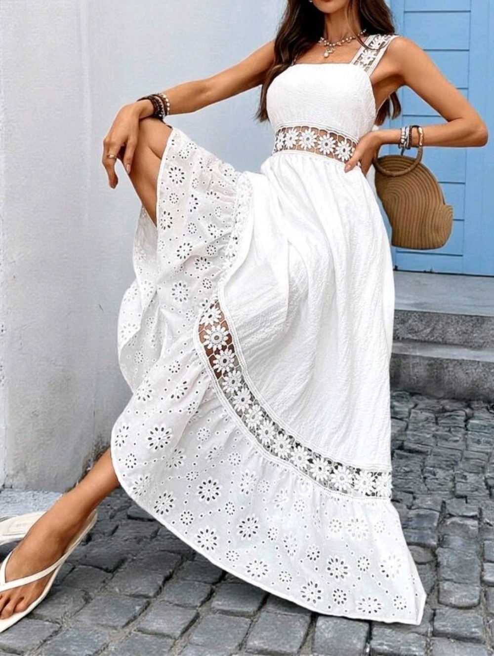 * New Boho Sheer Embroidered Eyelet Lace Maxi Dress White - Picture 3 of 12